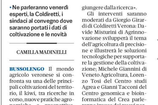 L'Arena di Verona parla del convegno sul kiwi in programma a Bussolengo