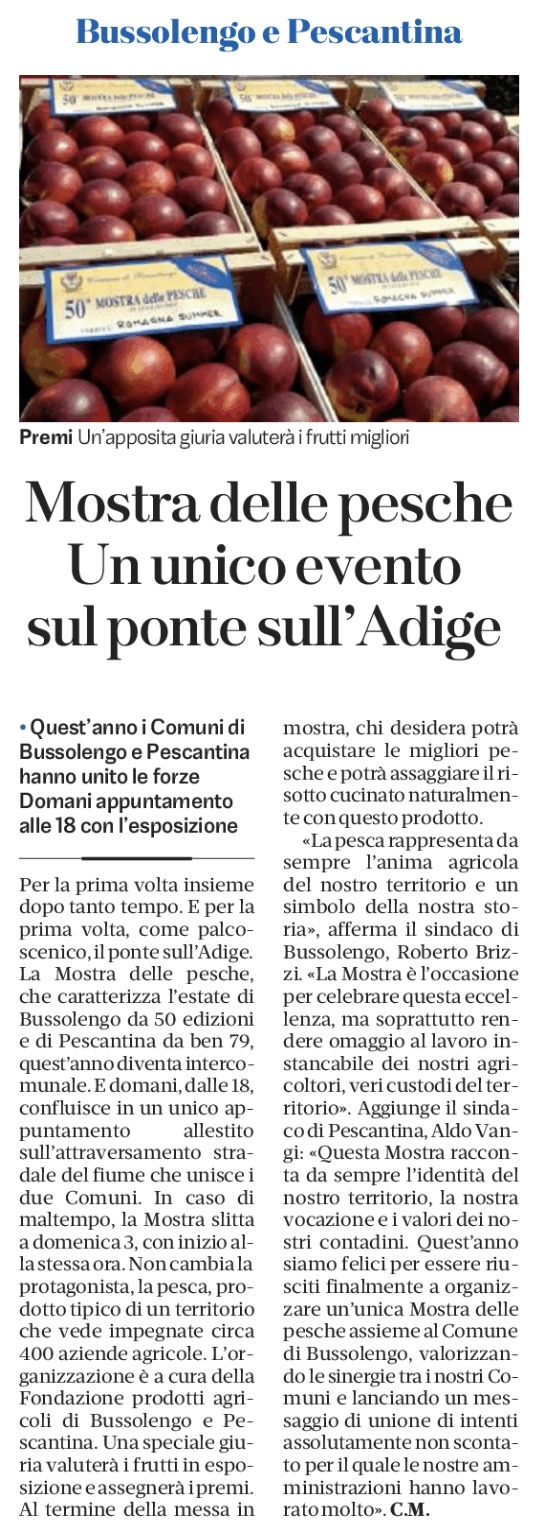 L'articolo del quotidiano L'Arena sulla Mostra delle Pesche
