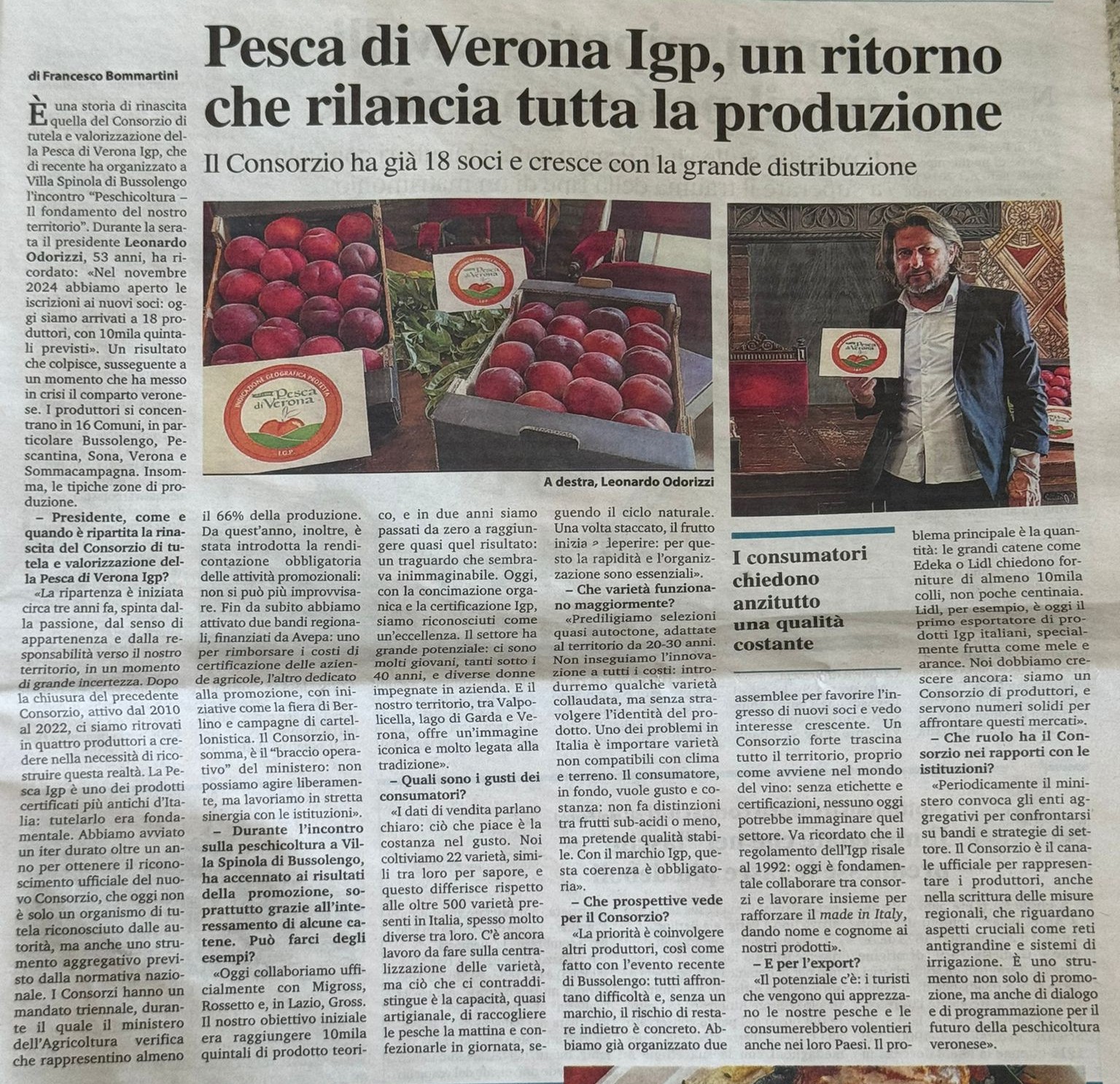 Il settimanale Verona Fedele parla della Pesca di Verona Igp