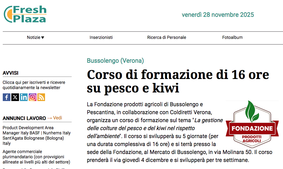 La notizia del corso su pesco e kiwi su Freshplaza
