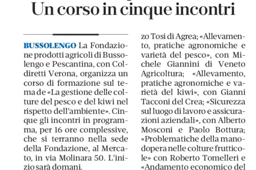 La notizia del corso su pesco e kiwi sul quotidiano L'Arena