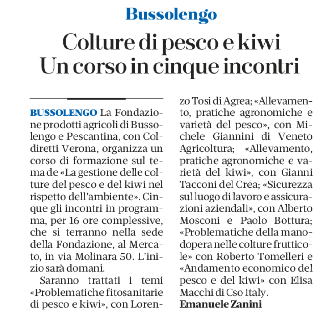 La notizia del corso su pesco e kiwi sul quotidiano L'Arena