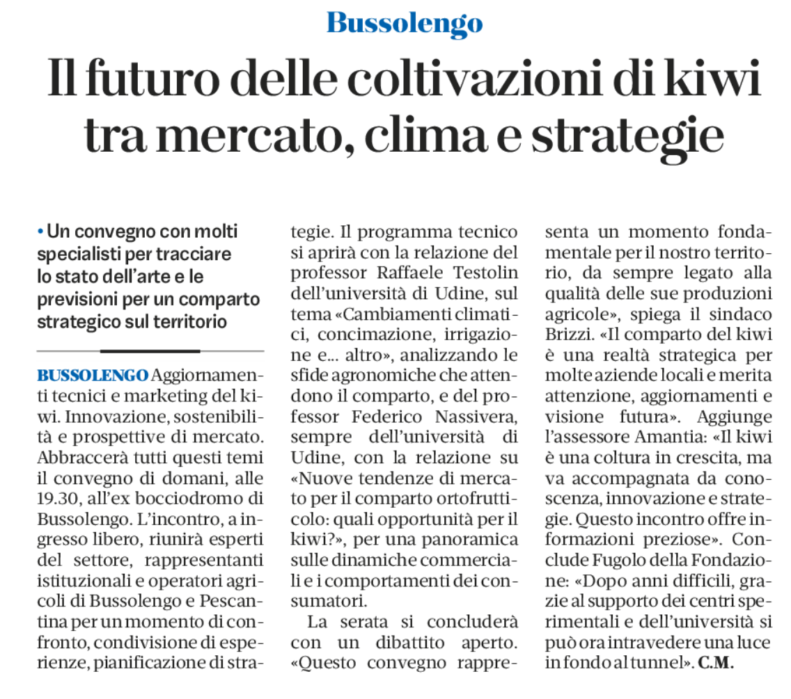 Sul quotidiano L'Arena la notizia del convegno sul kiwi 