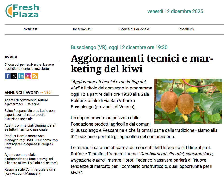 Il convegno sul kiwi di Bussolengo sul magazine agricolo Fresh Plaza