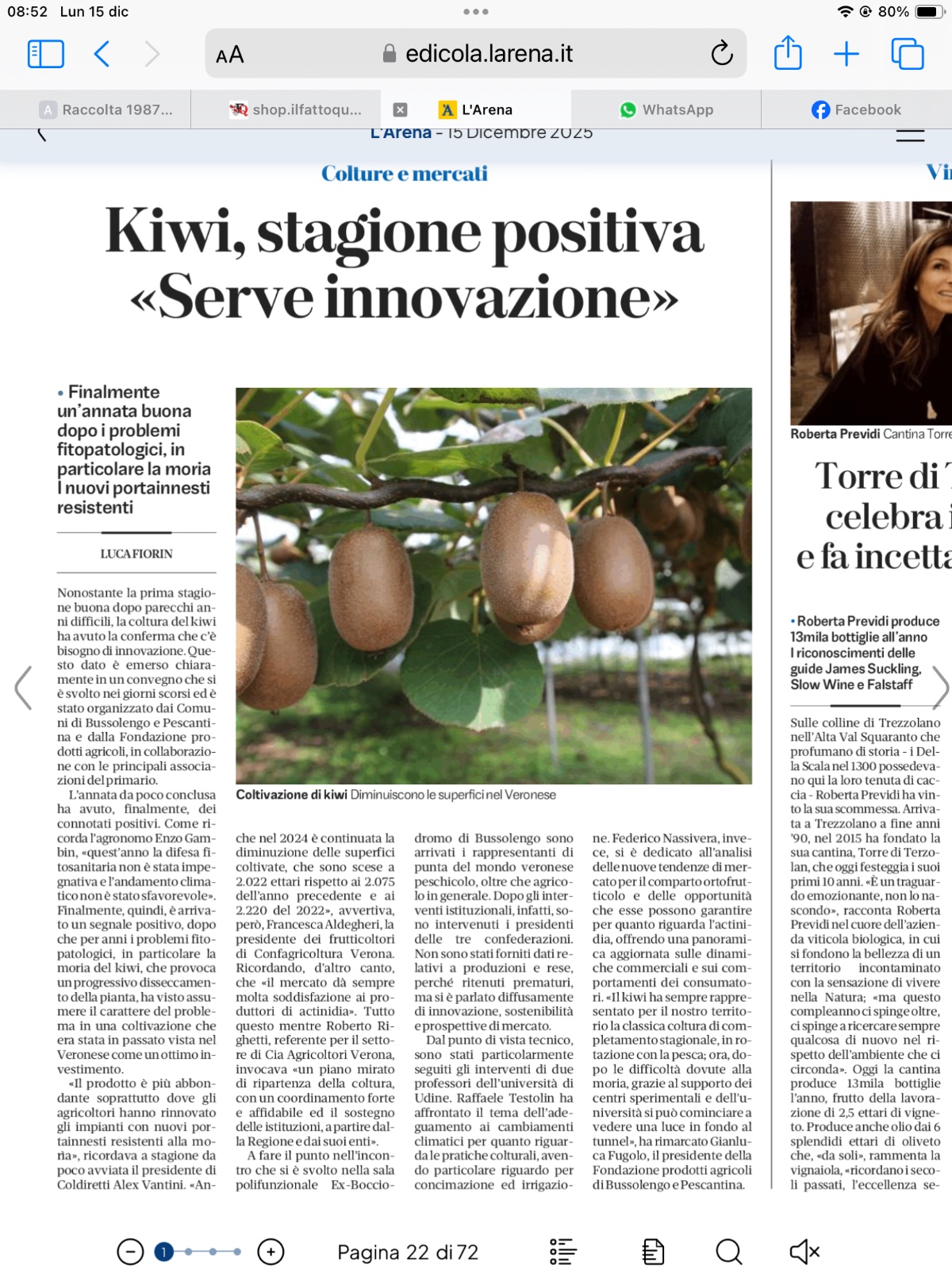 Sul quotidiano L'Arena il convegno sul kiwi