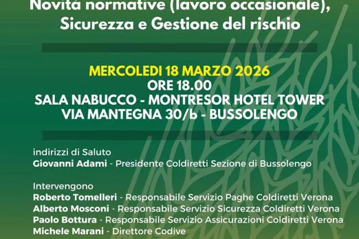 MANODOPERA IN AGRICOLTURA, STASERA CONVEGNO A BUSSOLENGO