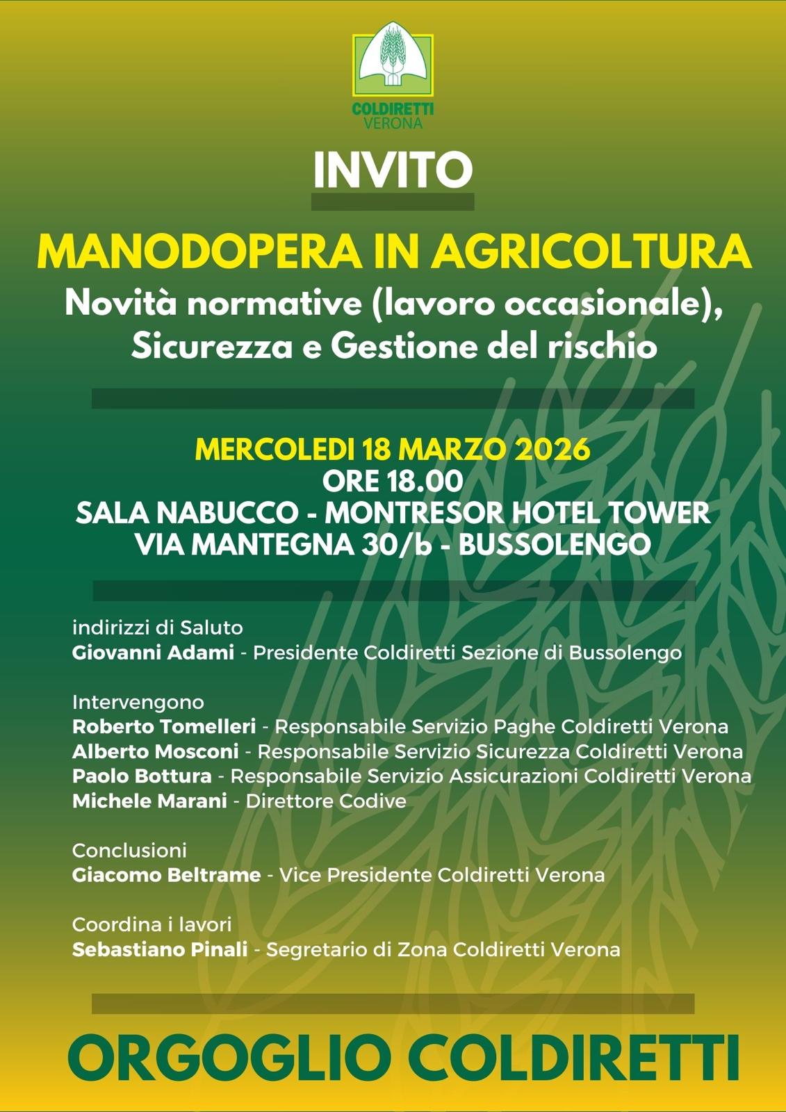 MANODOPERA IN AGRICOLTURA, STASERA CONVEGNO A BUSSOLENGO