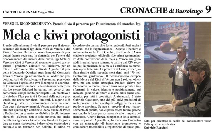 La notizia della presentazione delle Igp di Mela e Kiwi su L'Altro Giornale